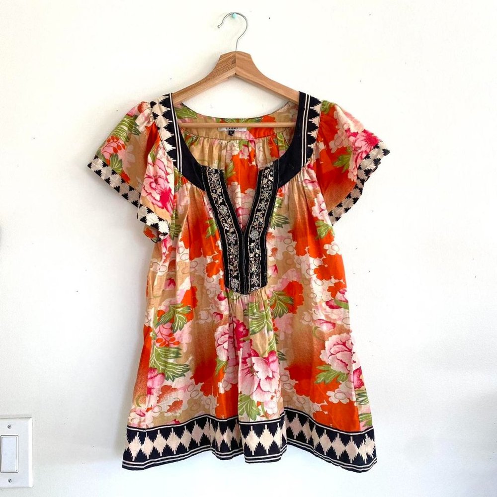PIXIE FLORAL BEADED BLOUSE BOHO TOP SOUTHWESTERN SIZE MEDIUM